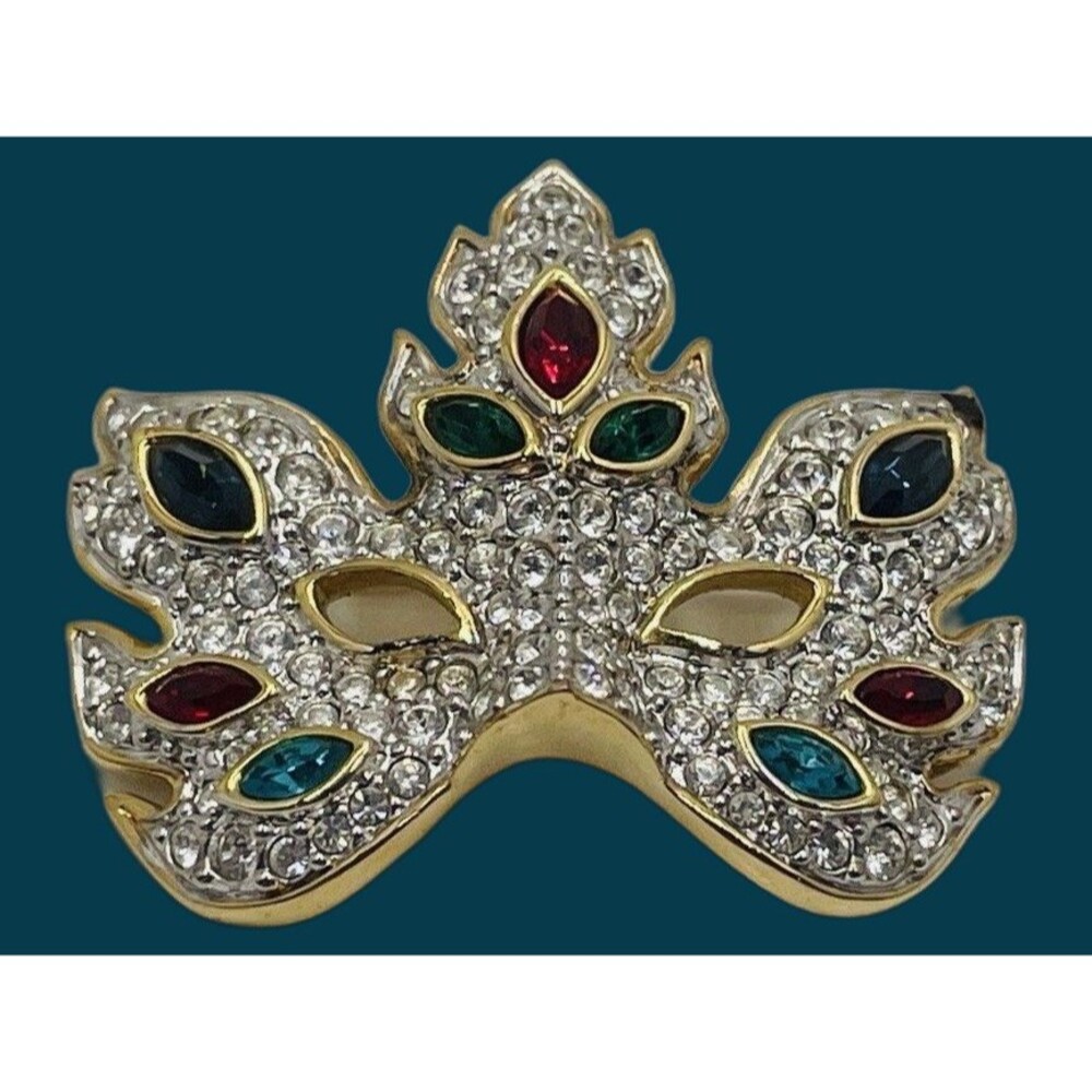 Swarovski Crystal Masquerade Mask Brooch Pin Gold Tone Multicolor Rhinestones